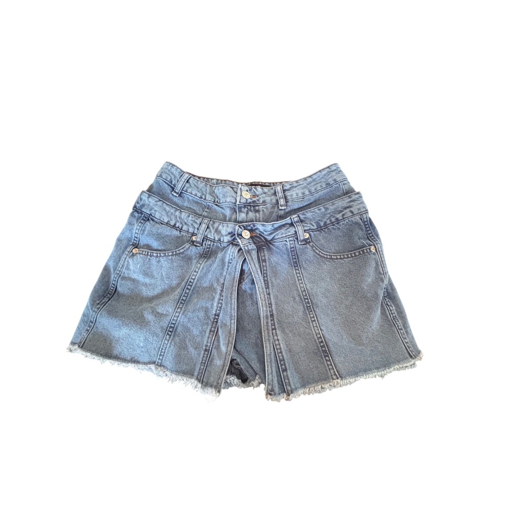Piral Double Waist Denim Skort Medium Wash Frayed Hem Blue Size Large Womens